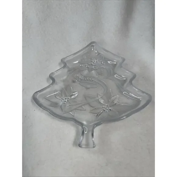 Holiday Clear Glass Tree Candy Dish w/ Bell & Flower Design - Picture 1 of 6